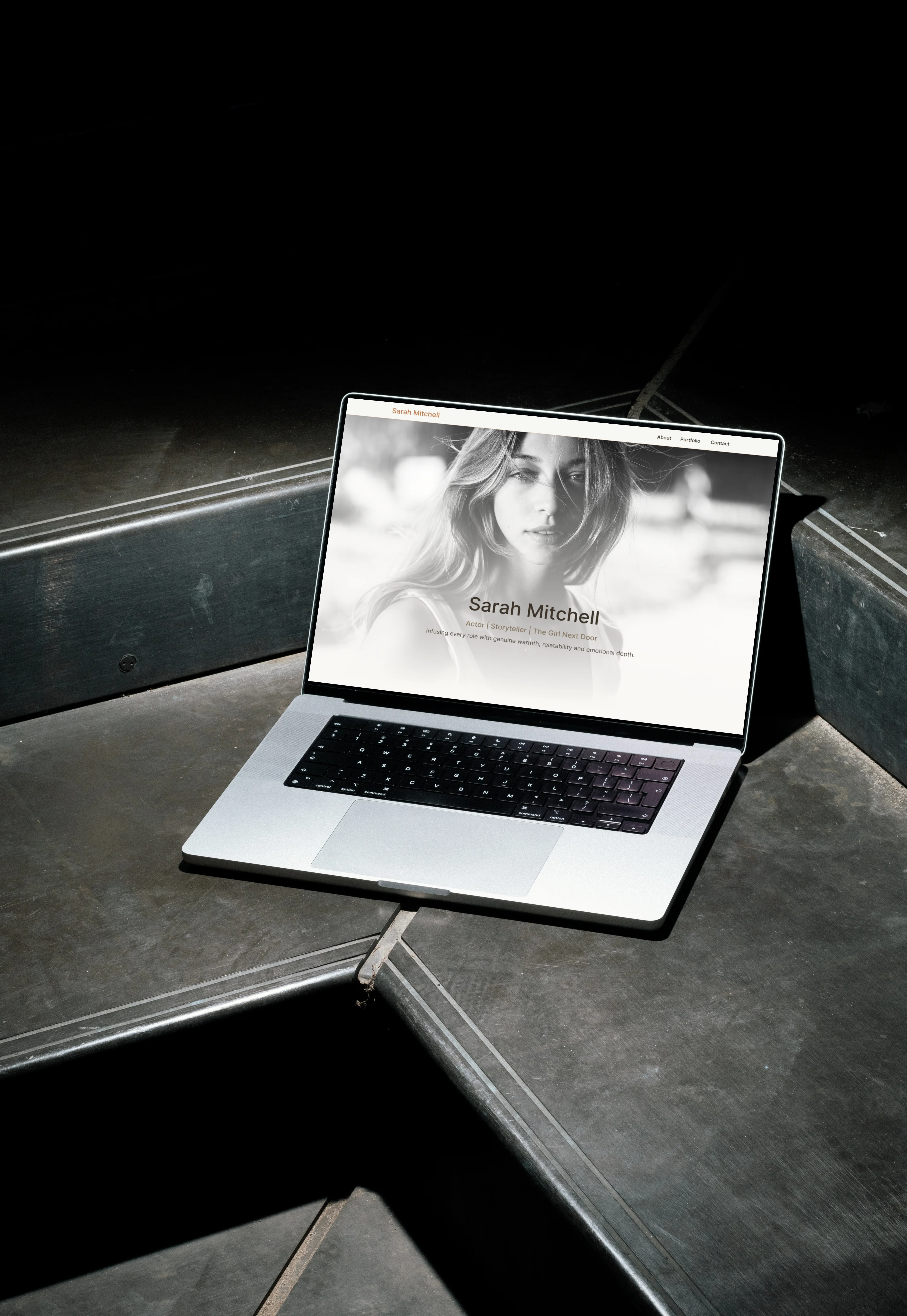 Laptop mockup displaying the Sarah Mitchell actor portfolio website.